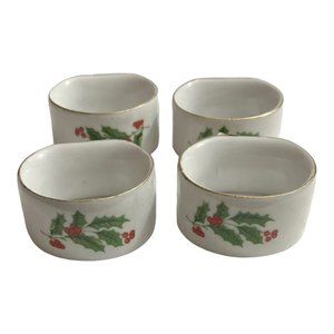 Vintage Set of 4 Porcelain Napkin Rings Holly Christmas